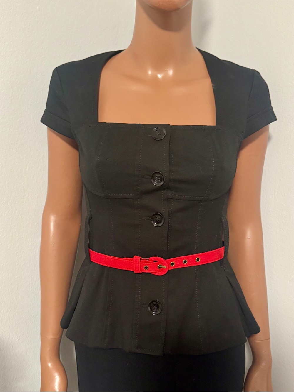 Vintage Express fitted short sleeve blazer top peplum hem lined black size 2 XS